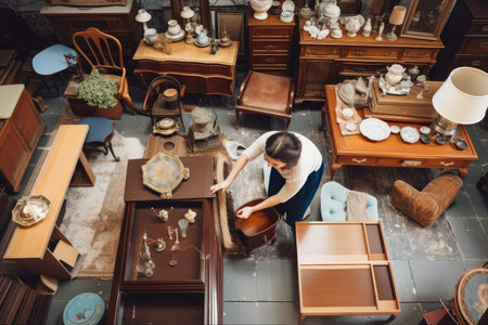 person, arranging and rearranging various items of traditional furniture in room, created with generative aiの素材