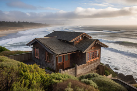 craftsman house overlooking ocean with waves rolling in, created with generative aiの素材