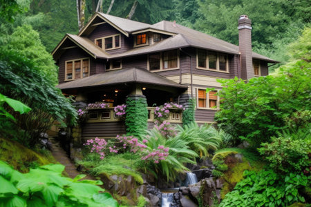 classic craftsman house surrounded by lush greenery, with waterfall visible in the background, created with generative aiの素材