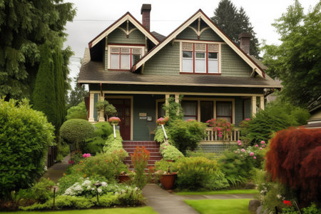 craftsman house with wrap-around porch and window boxes, surrounded by lush greenery, created with generative aiの素材