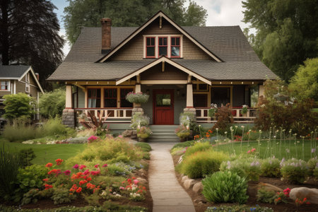craftsman house with front porch and flower garden, created with generative aiの素材