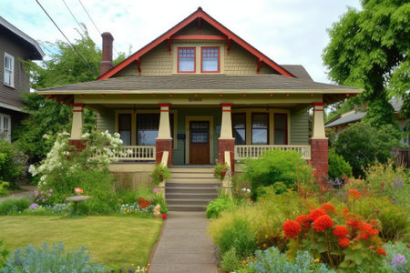 craftsman house with front porch and flower garden, created with generative aiの素材
