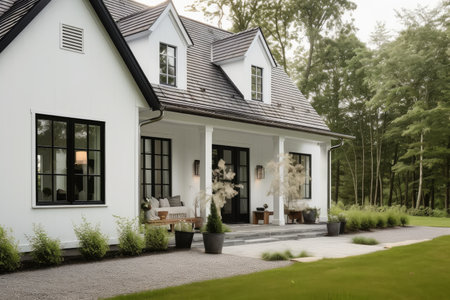 home with rustic exterior and white paint for contrast, created with generative aiの素材