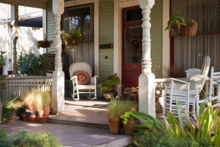 front porch with rocking chairs and potted plants for a cozy exterior, created with generative aiの素材