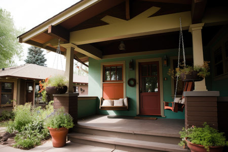 craftsman house with porch swing and potted plants, created with generative aiの素材