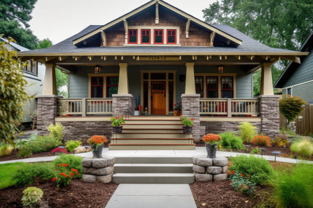 craftsman house exterior with front porch, pebbled walkway, and landscaping, created with generative aiの素材