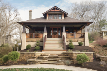 a craftsman-style home with a wrap-around porch and stone steps, created with generative aiの素材