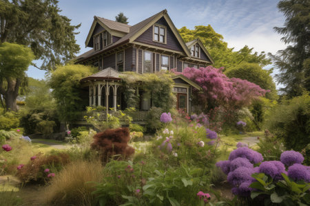 craftsman house surrounded by lush, green garden with blooming flowers and towering trees, created with generative aiの素材