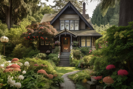 craftsman house surrounded by lush, green garden with blooming flowers and towering trees, created with generative aiの素材
