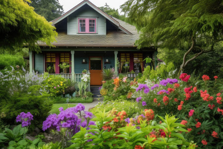craftsman house surrounded by lush greenery and colorful blooms, created with generative aiの素材