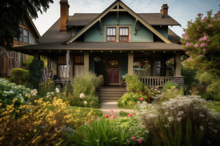 craftsman house with front porch and rocking chairs, surrounded by blooming flowers, created with generative aiの素材
