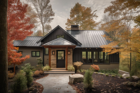 craftsman house exterior with modern entryway, metal roof, and shingle siding, created with generative aiの素材