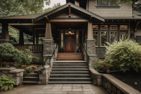 craftsman house exterior with stone steps and lanterns leading to the front door, created with generative aiの素材