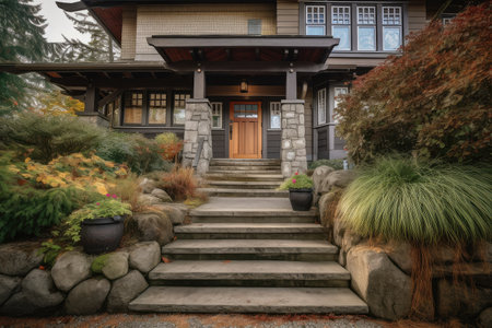 craftsman house exterior with stone steps and lanterns leading to the front door, created with generative aiの素材