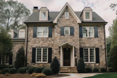 stone facade with white trim and black shutters, created with generative aiの素材