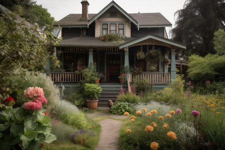 craftsman house with porch swing and flowers in front yard, created with generative aiの素材