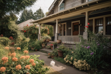 craftsman house with porch swing and flowers in front yard, created with generative aiの素材
