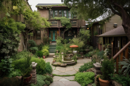 craftsman house with backyard garden and patio, surrounded by lush greenery, created with generative aiの素材