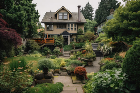 craftsman house with backyard garden and patio, surrounded by lush greenery, created with generative aiの素材