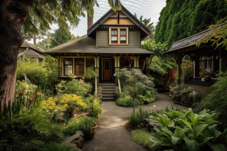 craftsman house with backyard garden and patio, surrounded by lush greenery, created with generative aiの素材
