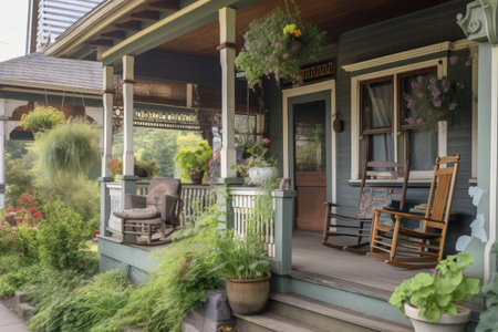 craftsman house with wrap-around porch, rocking chair and potted plants, created with generative aiの素材