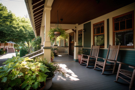 craftsman house with wrap-around porch, rocking chair and potted plants, created with generative aiの素材