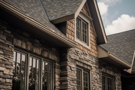 close-up of textured shingle exterior with window and door accents, created with generative aiの素材