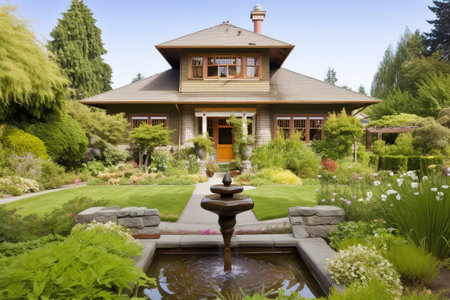 craftsman house with garden and fountains, exterior view, created with generative aiの素材