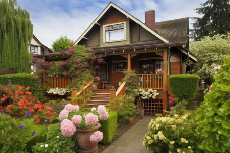 craftsman house with wooden terrace, garden and blooming flowers, created with generative aiの素材
