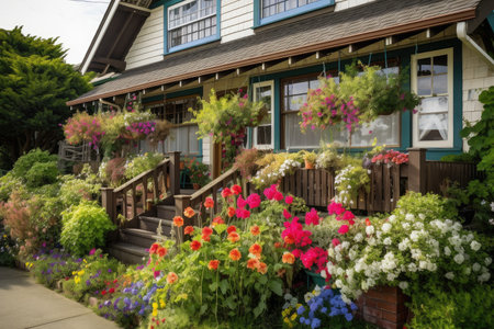 craftsman house with window boxes, trellises, and colorful blooms, created with generative aiの素材