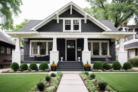 craftsman house facade with black shutters and white trim, created with generative aiの素材