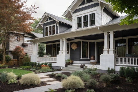 craftsman house with shingle exterior, painted white and black porch columns, created with generative aiの素材