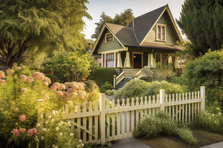 craftsman house exterior with fence and garden, surrounded by greenery, created with generative aiの素材