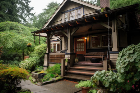 craftsman house with porch swing and hanging lanterns, surrounded by lush greenery, created with generative aiの素材