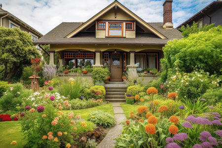 craftsman house with terraced garden and blooming flowers, created with generative aiの素材