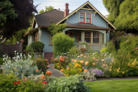 craftsman house with terraced garden and blooming flowers, created with generative aiの素材