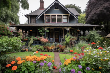 craftsman house with black metal roof, white trim, and colorful flowers in the yard, created with generative aiの素材