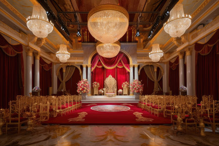 royal throne room with view of grand ballroom, where a lavish masquerade ball is in full swing, created with generative aiの素材