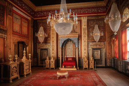 castle throne room with lavish decor, including colorful tapestries and intricate chandeliers, created with generative aiの素材