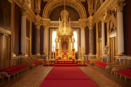 grand castle throne room with the royal family and courtiers in attendance, celebrating royal wedding or birthday, created with generative aiの素材