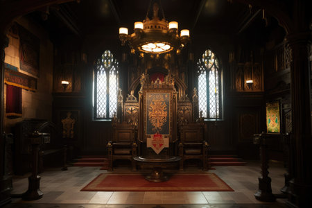 medieval royal throne room with suit of armor and stained glass windows, created with generative aiの素材