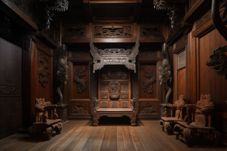 high-ceilinged and spacious room with intricately carved wooden throne, created with generative aiの素材