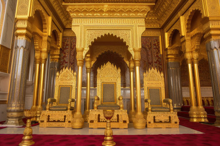 close-up of throne room, with the royal family sitting on their thrones, created with generative aiの素材