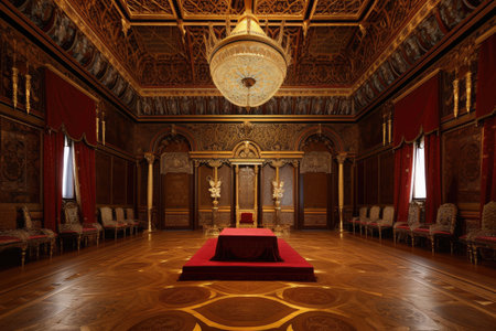 throne room with view of grand hall, where the king or queen is welcomed by their subjects, created with generative aiの素材