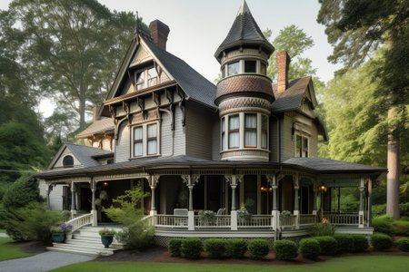 victorian house with wrap-around porch and hanging lanterns, created with generative aiの素材