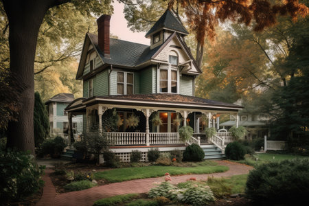 victorian house with wrap-around porch and hanging lanterns, created with generative aiの素材