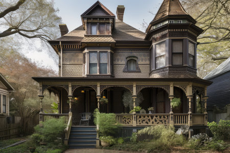 victorian house with wrap-around porch and hanging lanterns, created with generative aiの素材