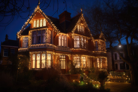 victorian house, with its exterior illuminated by the warm glow of lanterns, on starry night, created with generative aiの素材
