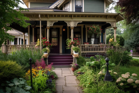 victorian house with wrap-around porch, lanterns & hanging plants, created with generative aiの素材