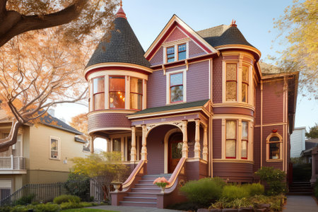 filled with natural light and warm colors, victorian house exterior brings warmth to the neighborhood, created with generative aiの素材